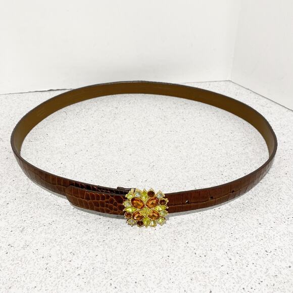 Liz Claiborne Y2K belt brown moc croc with colorful rhinestone buckle size L - Picture 5 of 9